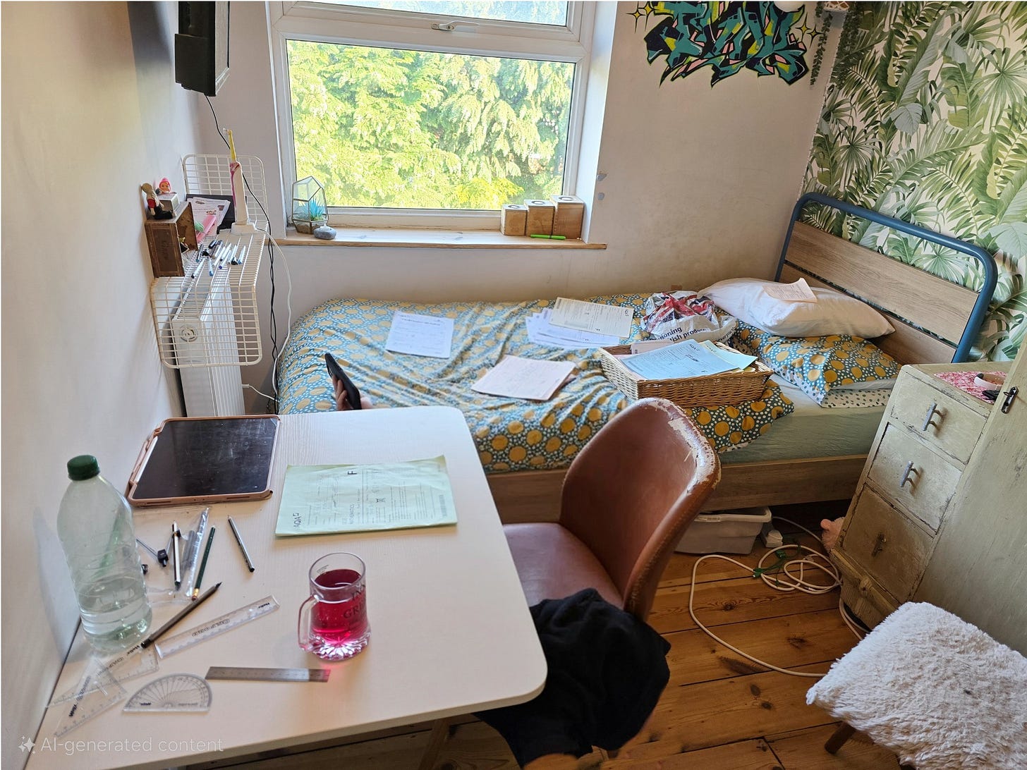 Bedroom containing lots of revision notes