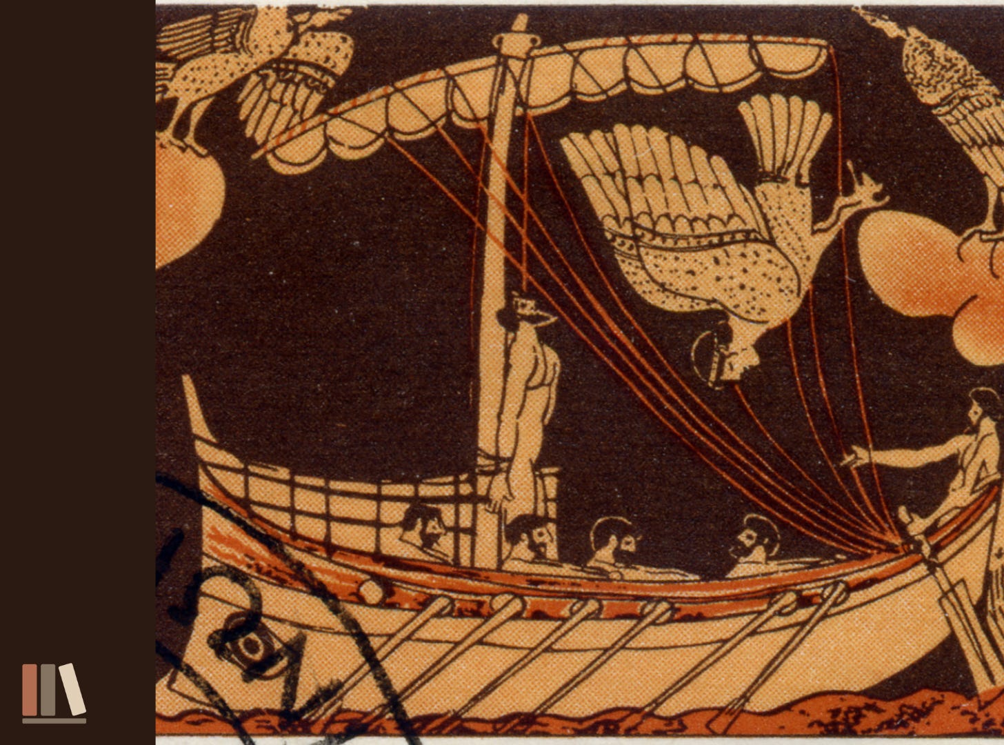 Greek red-figure vase painting of Odysseus lashed upright to his ship's mast as his crew rows below with ears stopped. Bird-bodied Sirens circle overhead, one dropping headlong toward the sea. Greek red-figure vase painting of Odysseus lashed upright to his ship's mast as his crew rows below with ears stopped. Bird-bodied Sirens circle overhead, one dropping headlong toward the sea.
