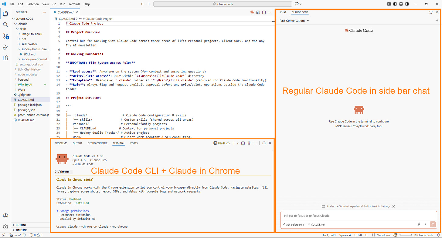 VS Code window showing Claude Code in the sidebar alongside Claude Chrome CLI extension, demonstrating the dual-Claude workflow setup