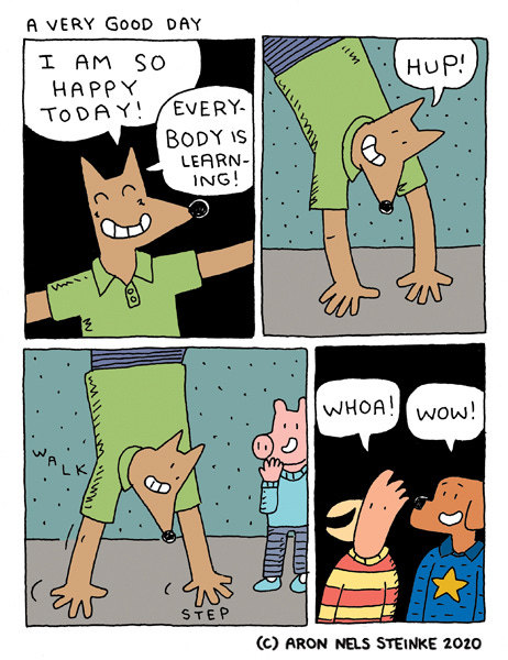 Mr Wolf, grinning, exclaims “I am so happy today! Everybody is learning!” With a “hup”, Mr Wolf does a handstand as the students watch in awe.