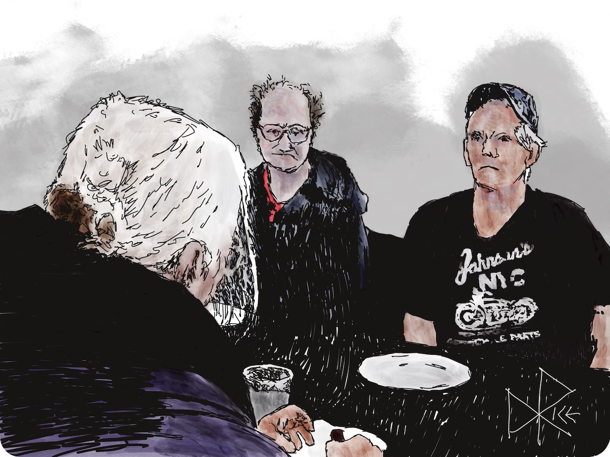 Three older people seated at a table, with plates of food. They are quiet and contemplative. Sketch art by Don Rice.