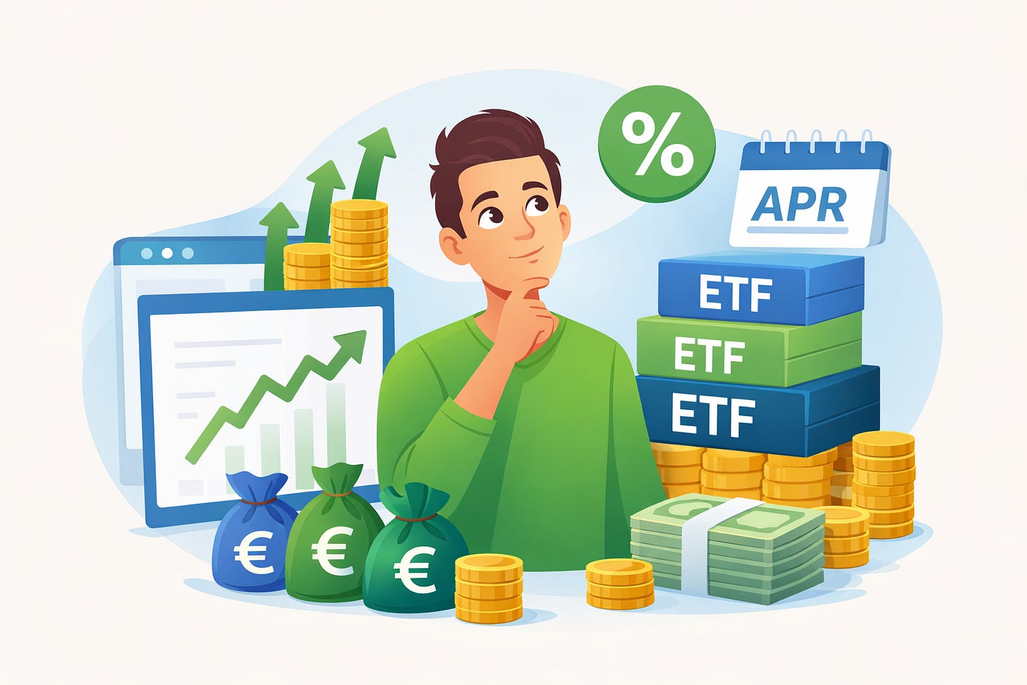 Illustrazione che raffigura una persona che medita la strategia di risparmio, mentre i suoi investimenti in ETF fryttano interessi. Illustrazione che raffigura una persona che medita la strategia di risparmio, mentre i suoi investimenti in ETF fryttano interessi.