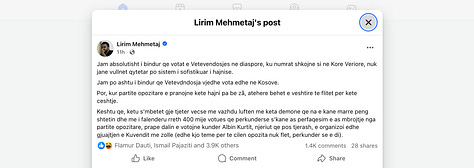 Pamje të postimeve në Facebook nga Berat Buzhala, Ilir Mirena dhe Lirim Mehmetaj, ku vihen në dyshim rezultatet e votës së diasporës dhe legjitimiteti i procesit zgjedhor, me akuza të përsëritura për “vjedhje” dhe krahasime me “diktaturën” si mënyrë për ta diskredituar verdiktin e votuesve.
