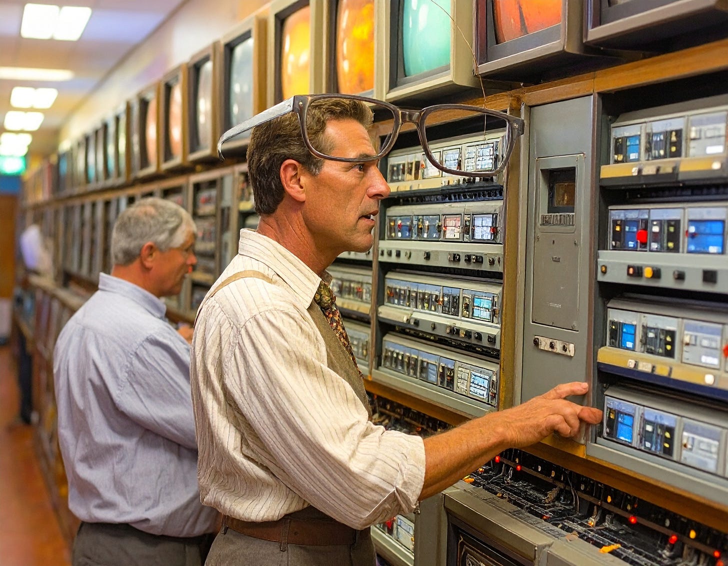 AI-generated image of the author speaking to a wall of computers. 