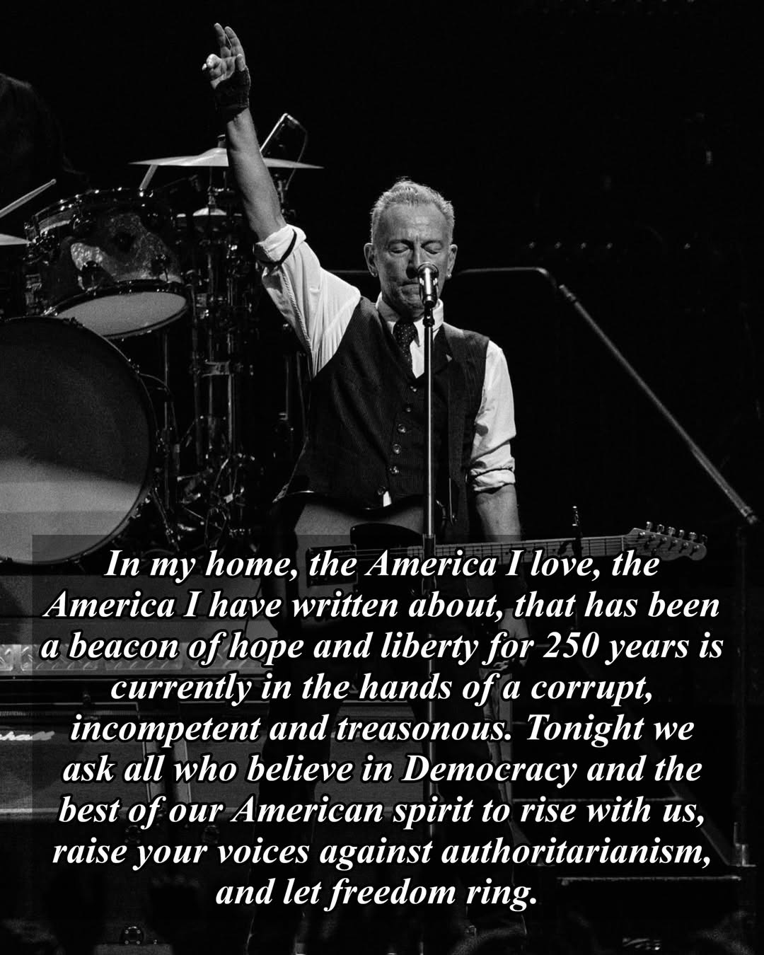 May be a black-and-white image of 1 person and text that says 'a In my home, the America I love, the America I have written about, that has been fhope and liberty for 250 years is currently in he hands of corrupt, incompetent and treasonous. Tonight ask all who believe in Democracy and the best of our American spirit to rise with us, raise your voices against authoritarianism, and let freedom ring.'