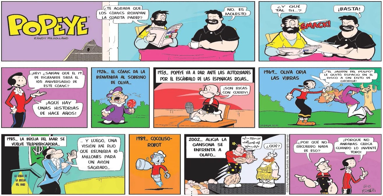 Historieta de Popeye con motivo de su aniversario, publicada en la edición dominical del periódico El Informador de Guadalajara  el 15 de diciembre de 2024.