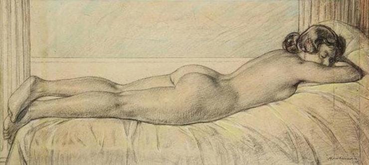 'Liggend naakt' - Gekleurd krijt op papier: Hendrik Haverman (Herkomst: kunsthandel Pygmalion)