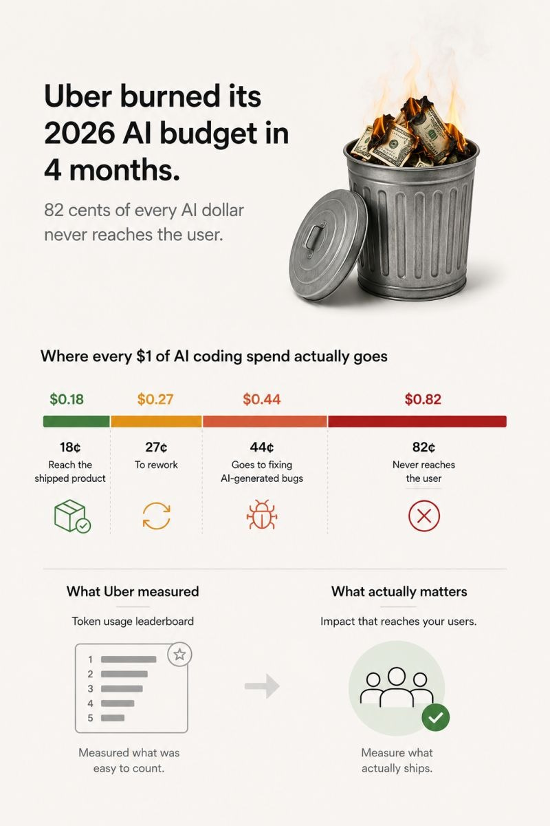Infographic shows Uber burning its AI budget, with most AI coding spend wasted before reaching users.