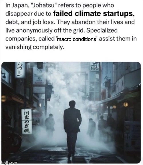 Text reading: "In Japan, 'Johatsu' refers to people who disappear due to failed climate startups, debt, and job loss. They abandon their lives and live anonymously off the grid. Specialized companies, called 'macro conditions' assist them in vanishing completely." Below, a lone man in a suit walks away through steam on a neon-lit Tokyo backstreet.