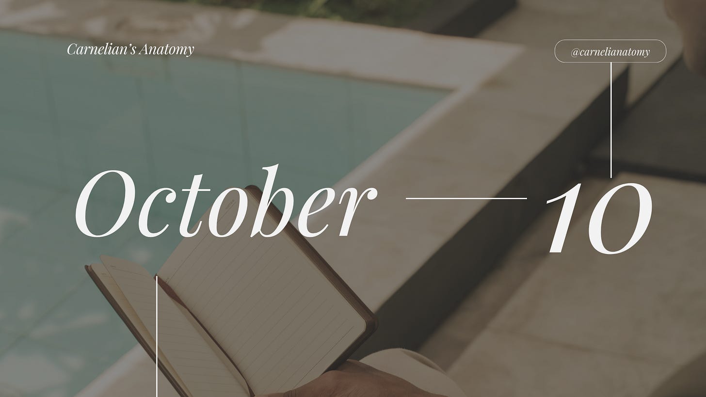 Pictured is a banner for the month of October. The top layer is the numerical month and our publication user name. The background is a pool view and a person holding open pages of a book.