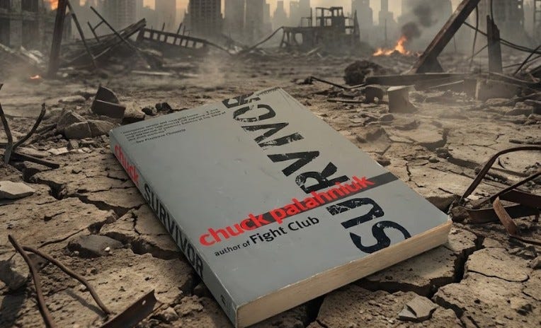 A paperback copy of the novel "Survivor" by Chuck Palahniuk resting on cracked, rubble-strewn earth. The grey book cover features the title in large vertical black text and the author's name in red. The background features a desolate, post-apocalyptic landscape with the skeletal remains of ruined city buildings and smoke in the distance under a hazy sky. A paperback copy of the novel "Survivor" by Chuck Palahniuk resting on cracked, rubble-strewn earth. The grey book cover features the title in large vertical black text and the author's name in red. The background features a desolate, post-apocalyptic landscape with the skeletal remains of ruined city buildings and smoke in the distance under a hazy sky.