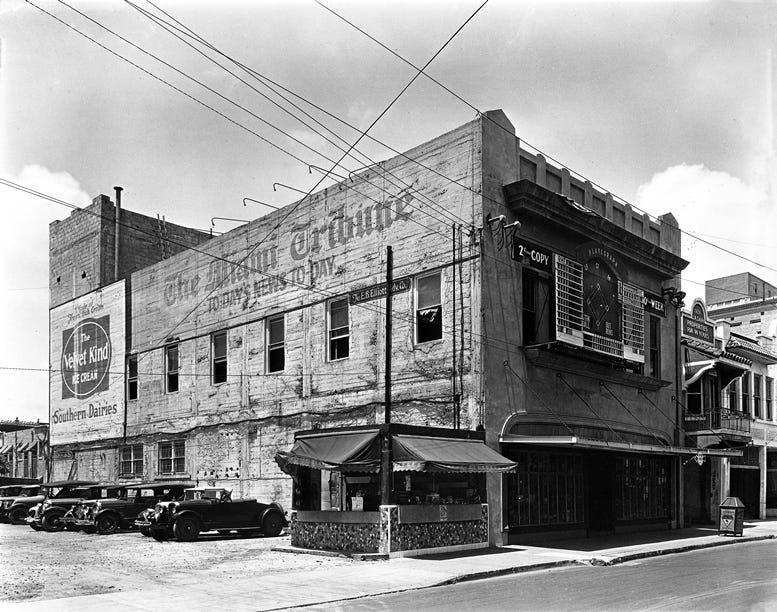 Miami Tribune Building at 55 NW First Street in Downtown Miami on June 24, 1927. Courtesy of the State of Florida Archives. Miami Tribune Building at 55 NW First Street in Downtown Miami on June 24, 1927. Courtesy of the State of Florida Archives.
