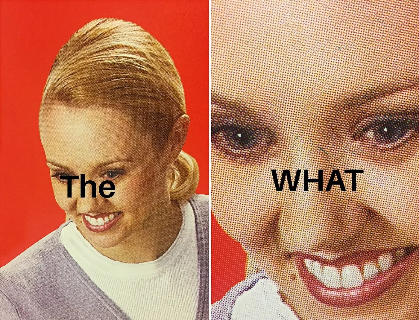 A two-panel meme features a smiling blonde woman against a red background. The left panel shows her from the shoulders up, with the text “The” overlaid on her chest. The right panel is a close-up of her face, zoomed in on her eyes and mouth, with the text “WHAT” overlaid. The image quality in the close-up panel is grainy, showing a halftone dot pattern.