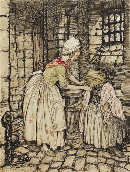 Artwork by Arthur Rackham, "She arranged the shawl with a professional fold, and tied the strings of the rusty bonnet under his chin" (for The Wind in the Willows), Made of fine ink and watercolour