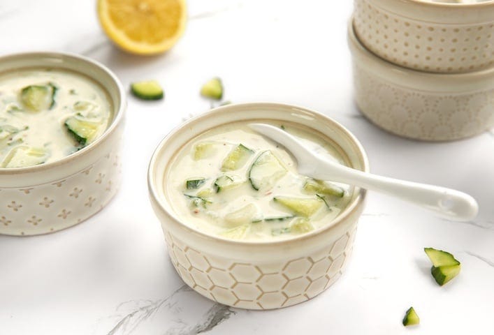 Vegan cold cucumber yogurt soup served