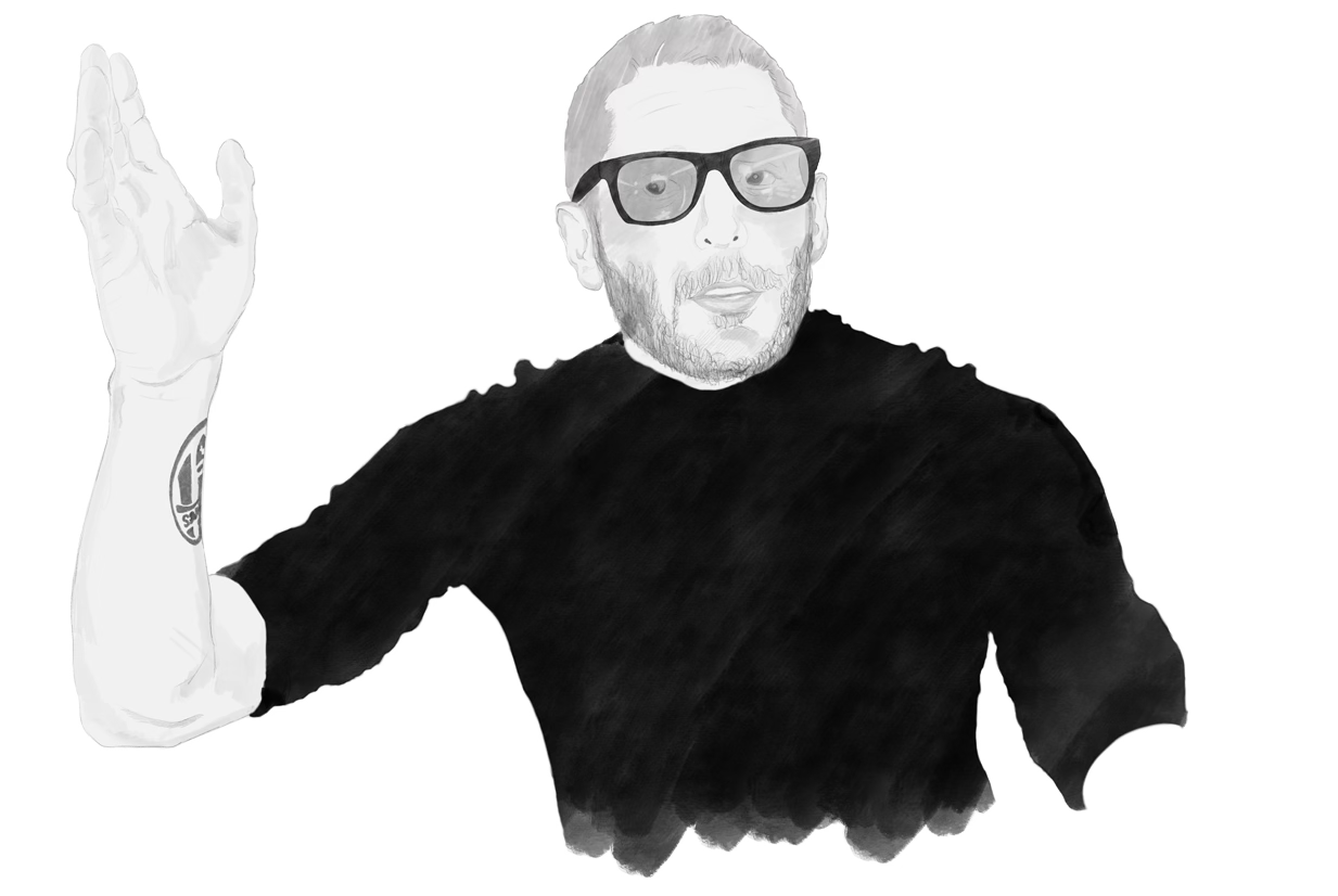 Black and white illustration of filmmaker Lapo Elkann wearing glasses, raising his left hand with a Juventus tattoo visible on his arm.