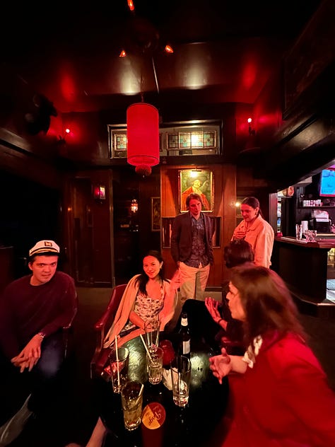9 images of Jasmine and her Substack coworkers at various company parties & events (bars, restaurants, etc)