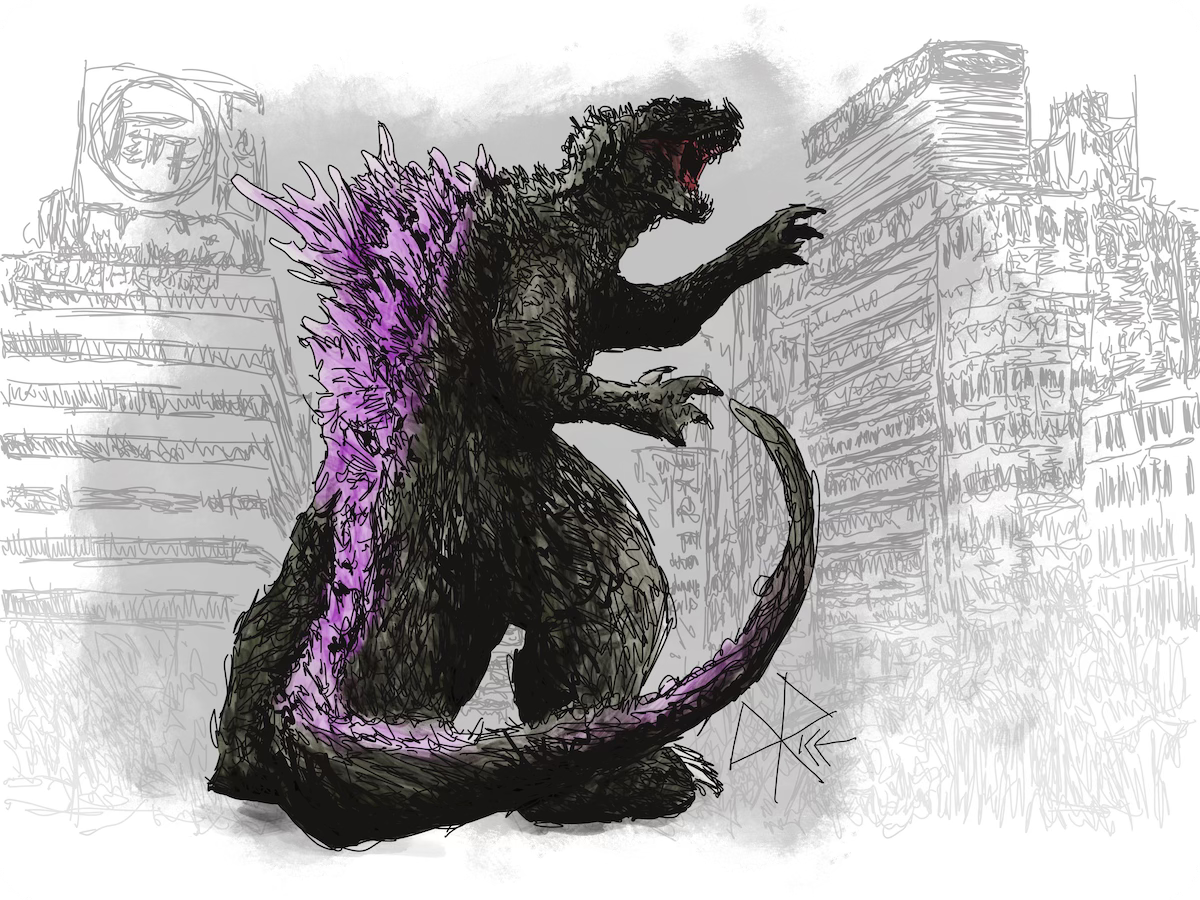 As a destructive force of nature, the recently awakened giant prehistoric creature Godzilla (ゴジラ Gojira) stomps around in 1950s Tokyo. Sketch art by Don Rice.