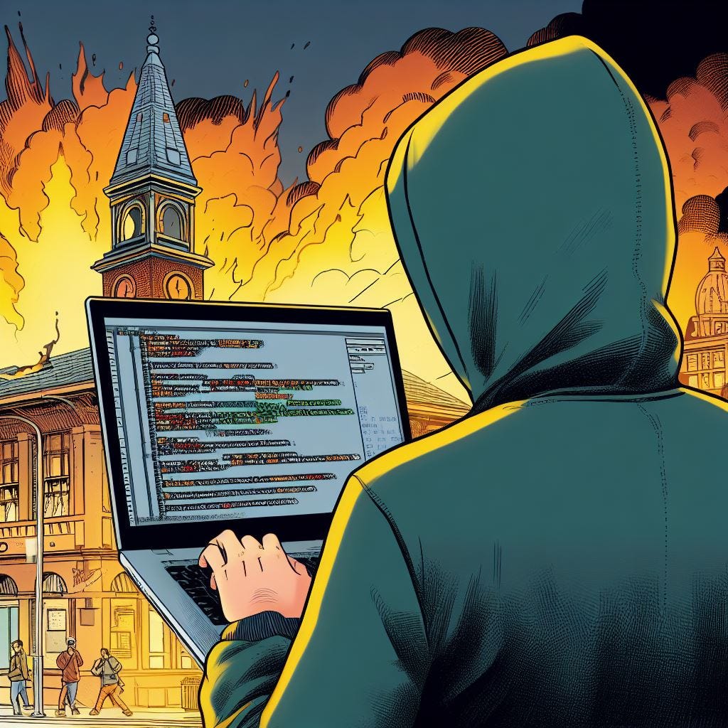 Ein Hacker mit Kapuzenpullover sitzt mit einem Laptop vor einem brennenden Rathaus.