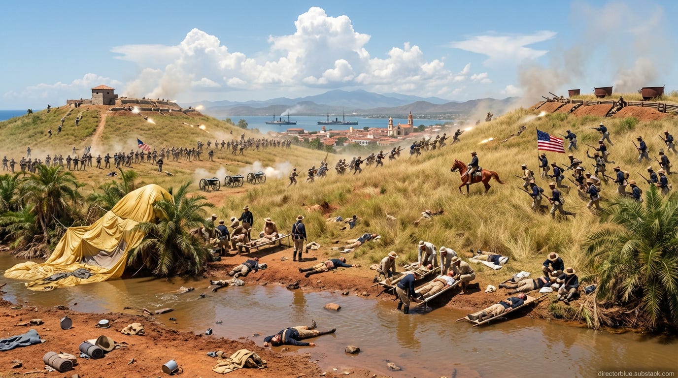 Hyper-realistic 16x9 photographic image three-quarter elevated aerial perspective looking down and across the battlefield at approximately 45 degrees as if viewed from a tethered observation point 200 feet above and behind the American lines_image_1