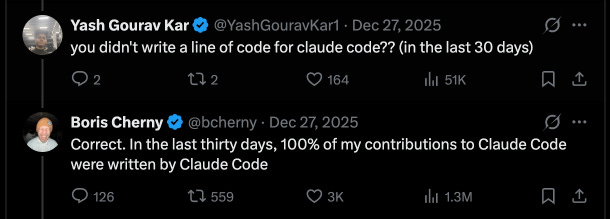 Boris Cherny from Anthropic notes that Claude Code is now writing 100% of his contributions to Claude Code. Boris Cherny from Anthropic notes that Claude Code is now writing 100% of his contributions to Claude Code.