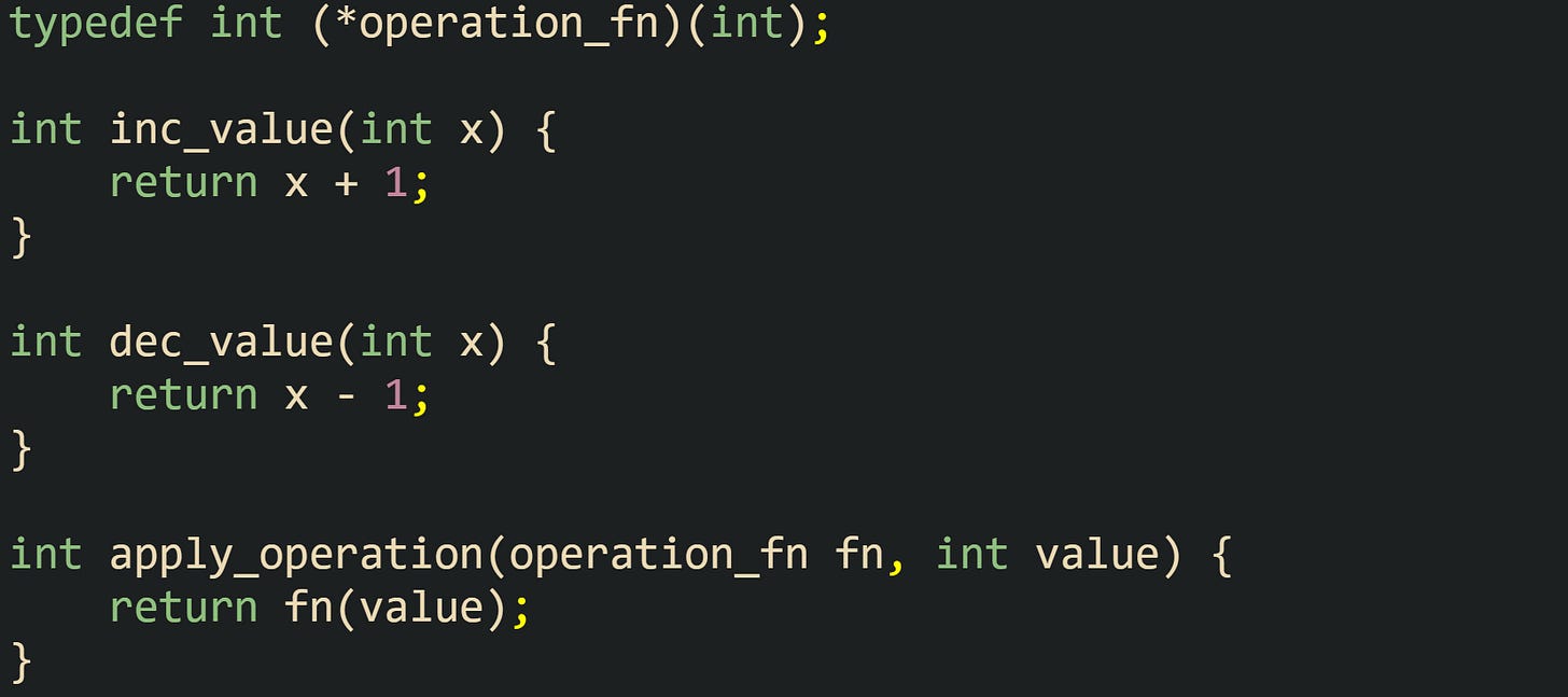 typedef int (*operation_fn)(int);  int inc_value(int x) {     return x + 1; }  int dec_value(int x) {     return x - 1; }  int apply_operation(operation_fn fn, int value) {     return fn(value); }