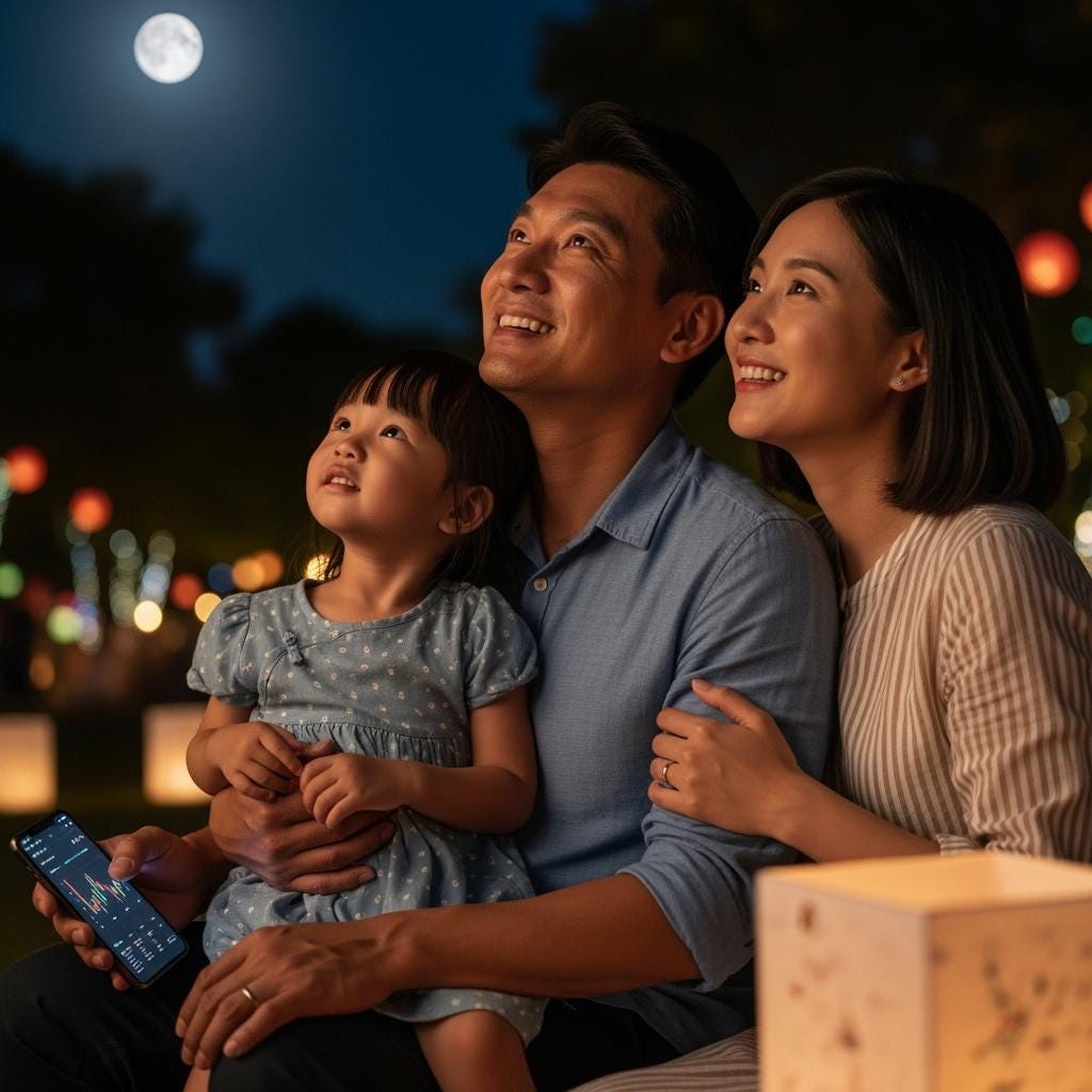 A photorealistic heartwarming and intimate shot of a 40-year-old father (KP) holding his 2-year-old daughter. His wife is close by sharing the moment. They are enjoying the Mid-Autumn Festival at night.The father and daughter are looking tow_image_1