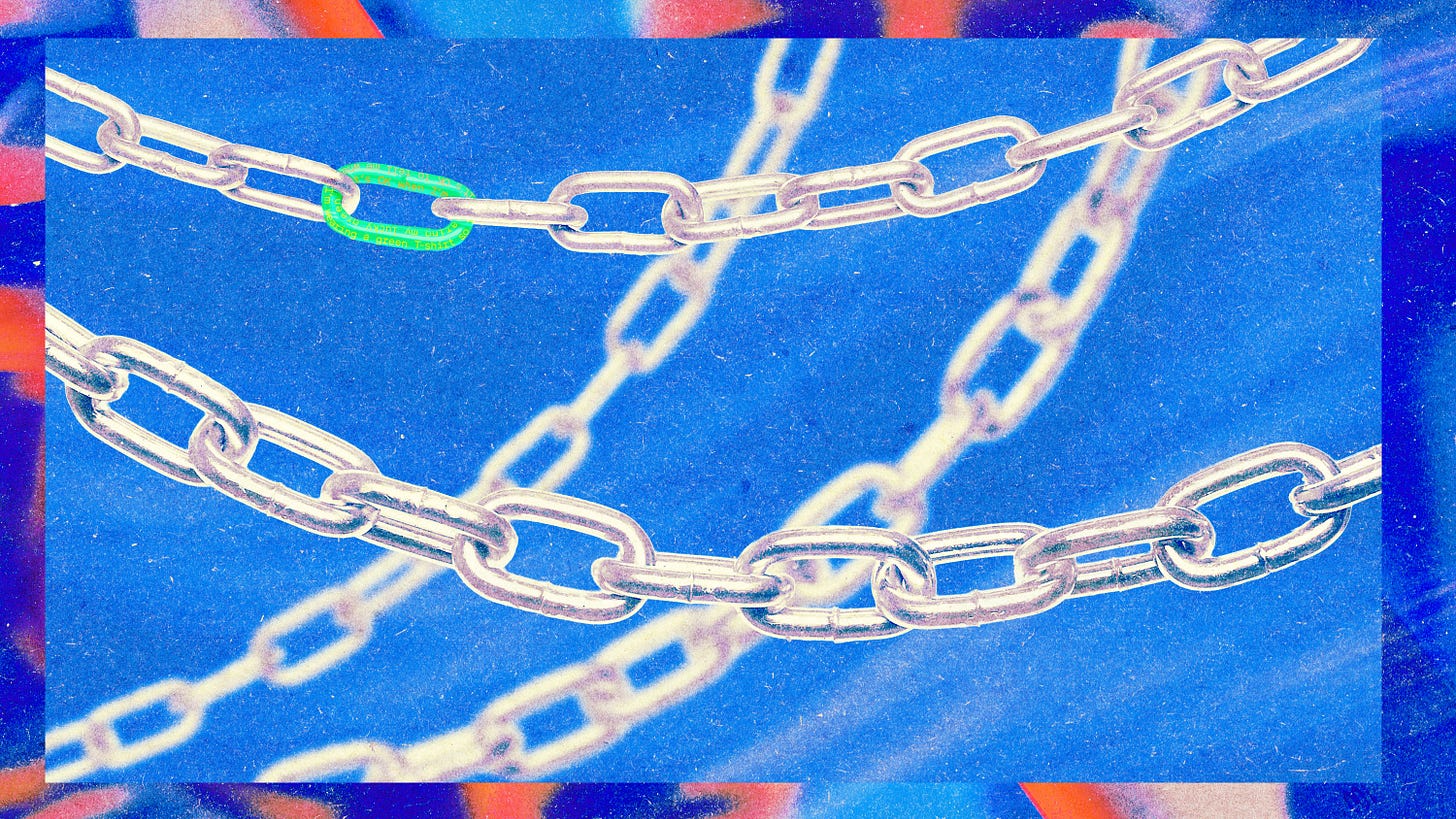 chain links with one link is glowing green with a common phrase used to hack LLMs chain links with one link is glowing green with a common phrase used to hack LLMs