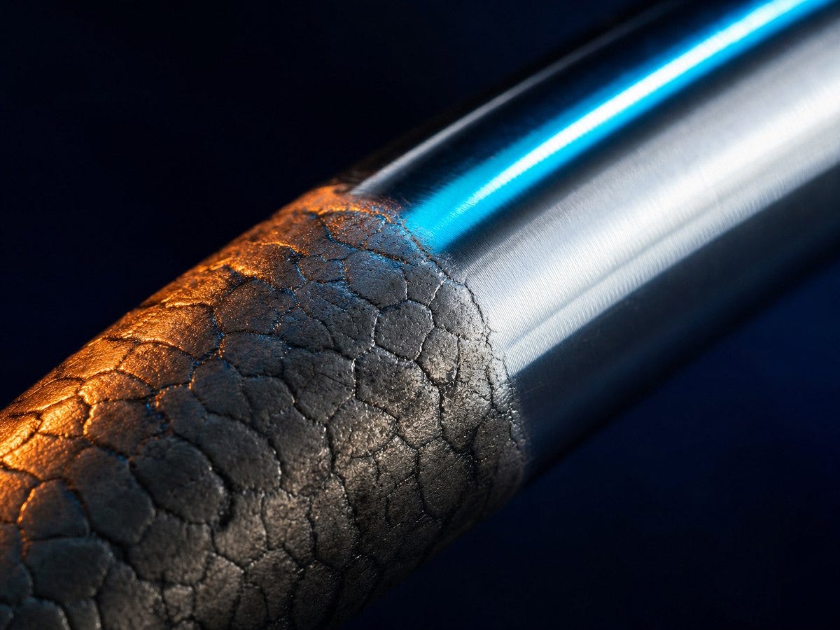 A palladium rod, one half of its surface swollen and dark, the other still mirror-bright