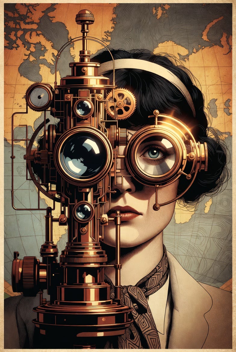 A 1920s poster-style illustration of a woman observing the world through a steampunk device, set against a vintage map.