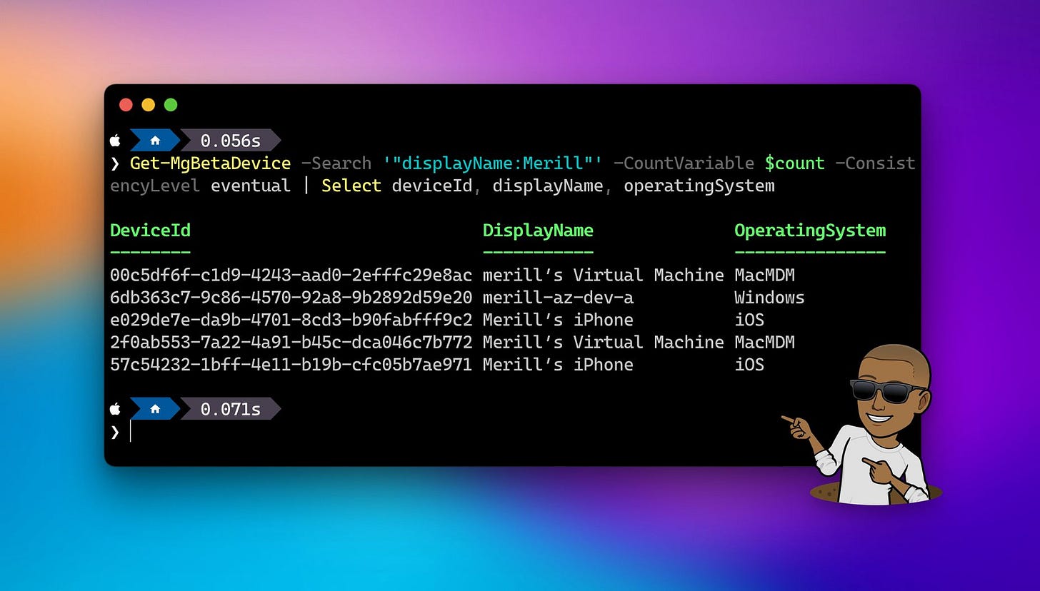 Screenshot showing running a command to search devices by name Screenshot showing running a command to search devices by name