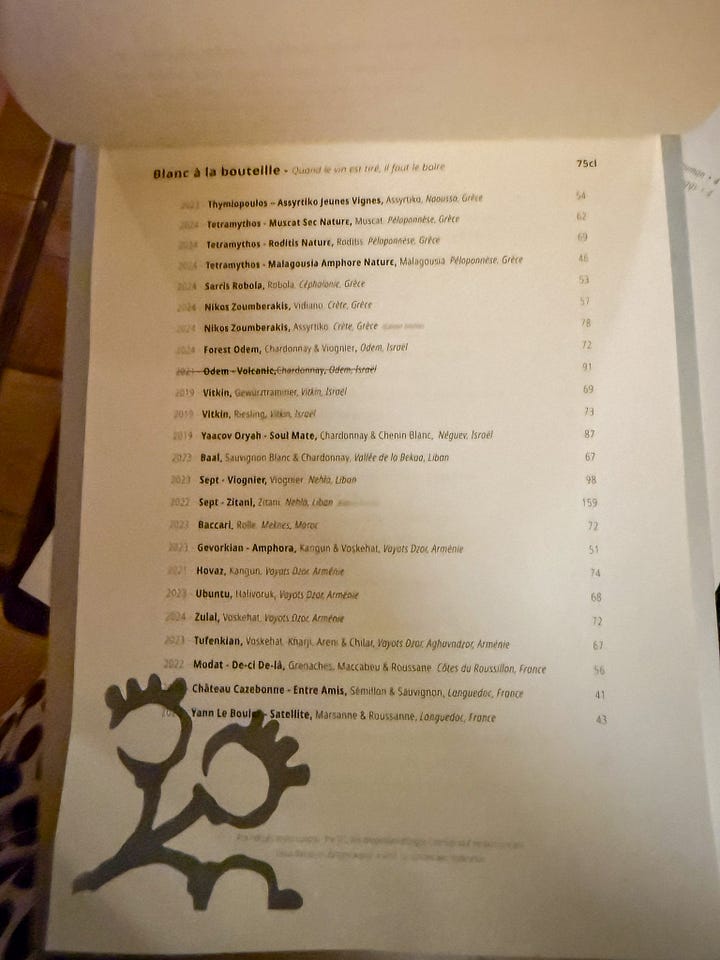 Wine list at Zoutra restaurant in Montmartre