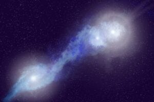 Artist's impression of a rare trio of merging galaxies, J121/1219+1035, which host three actively feeding, radio-bright supermassive black holes and whose jets light up the surrounding gas.