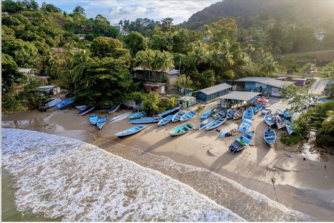 Aerial view of a tropical beach in Las Cuevas Trinidad featuring a row of about 20 blue wooden fishing boats pulled up on light brown sand with gentle ocean waves in the foreground. Lush green forested hills and scattered palm trees rise behind the beach under a partly cloudy blue sky with sunlight casting long shadows from the boats. Simple wooden structures and sheds are visible near the boats along the shoreline with a dirt road running parallel to the beach.