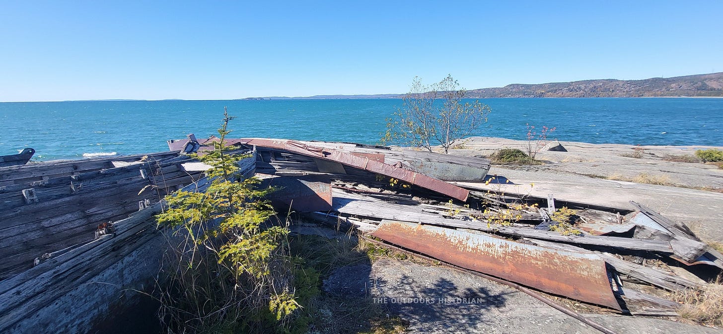 The remains of weathered, flat-bottomed wooden boats resting on the grass near the shoreline. The sky behind them is a clear, bright blue.