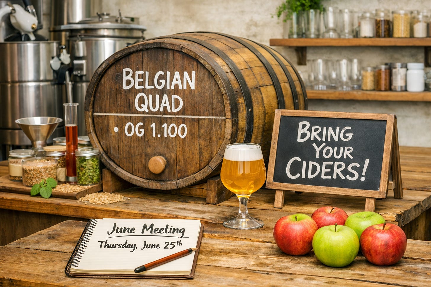 Rustic homebrew scene with Belgian Quad barrel OG 1.100 and notebook reading June Meeting Thursday, June 25th Rustic homebrew scene with Belgian Quad barrel OG 1.100 and notebook reading June Meeting Thursday, June 25th
