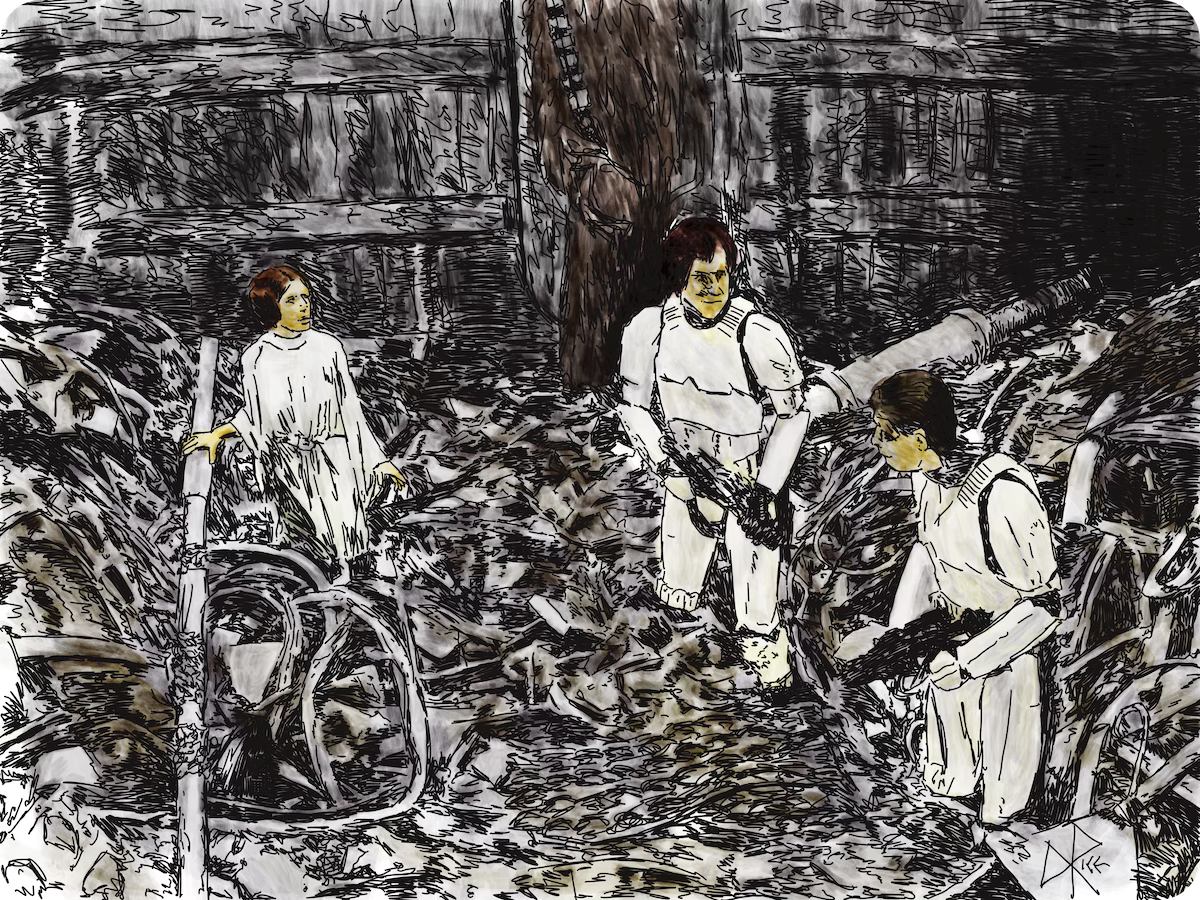 Leia, Chewie, Han and Luke stand in the garbage compactor, after the Dianoga’s hasty departure as it recognized the early reverberations of the engines beginning to drive the walls in to crush the contents. Sketch art by Don Rice.