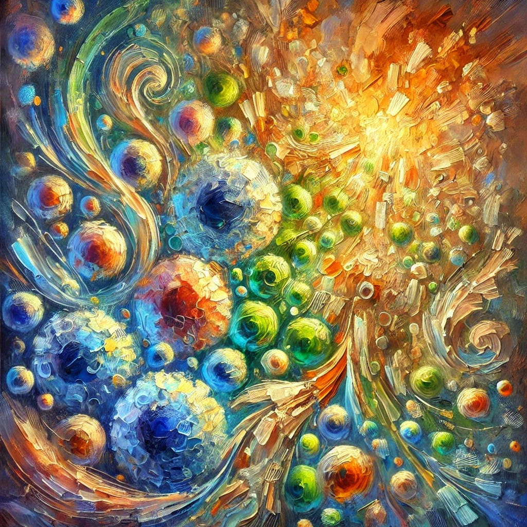 A beautiful impressionist oil painting with thick, textured brush strokes focusing solely on the interplay of T-cells and B-cells in the human immune system. The forms are abstract yet vivid, with glowing, dynamic shapes swirling and interacting harmoniously. The composition features vibrant colours like greens, blues, and golds to represent vitality and the natural immune response. The brush strokes are bold and expressive, creating a sense of movement and energy that highlights the dynamic nature of the immune system. The overall tone is radiant, organic, and filled with life. A beautiful impressionist oil painting with thick, textured brush strokes focusing solely on the interplay of T-cells and B-cells in the human immune system. The forms are abstract yet vivid, with glowing, dynamic shapes swirling and interacting harmoniously. The composition features vibrant colours like greens, blues, and golds to represent vitality and the natural immune response. The brush strokes are bold and expressive, creating a sense of movement and energy that highlights the dynamic nature of the immune system. The overall tone is radiant, organic, and filled with life.