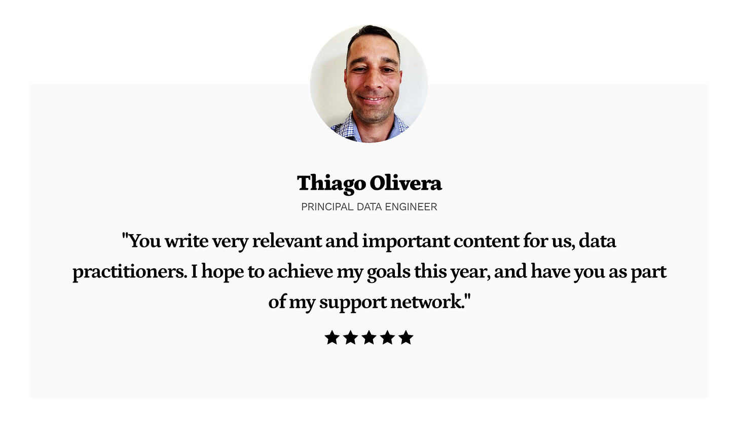 Thiago Olivera: You write very relevant and important content for us, data practitioners. I hope to achieve my goals this year, and have you as part of my support network. Thiago Olivera: You write very relevant and important content for us, data practitioners. I hope to achieve my goals this year, and have you as part of my support network.
