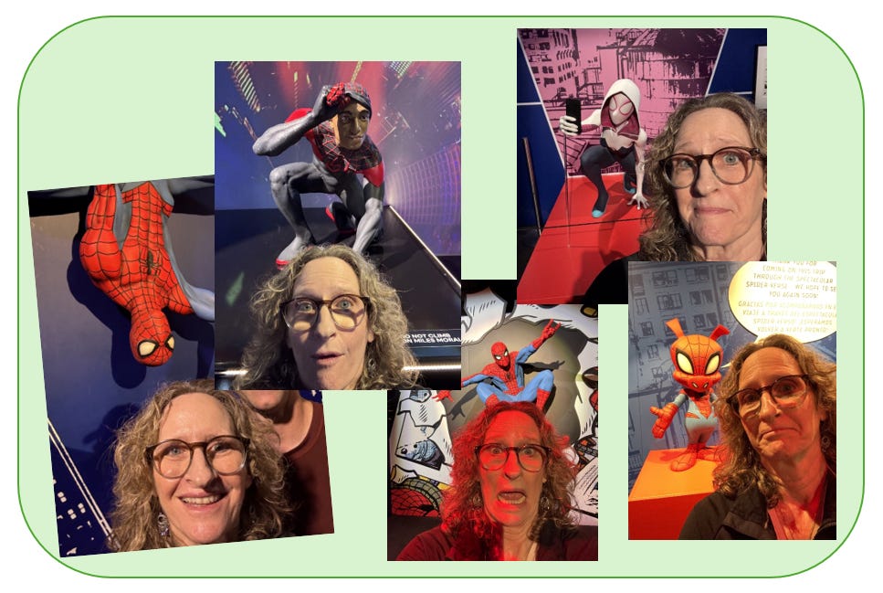 a montage of selfies taken in front of multiple Spiderman figures