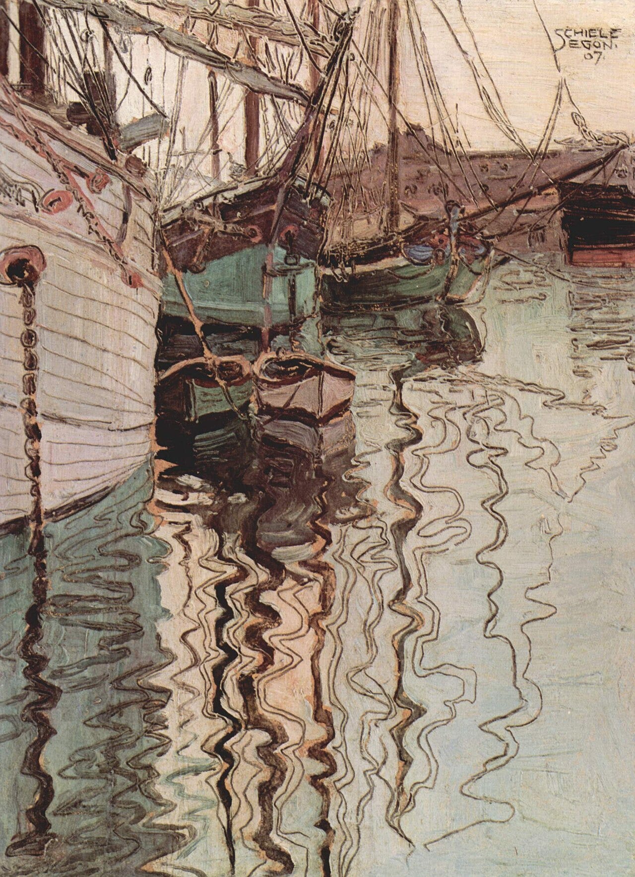 Schiele townscape reflected in water