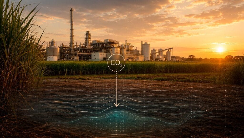 Imagem conceitual de uma usina industrial ao fundo, cercada por plantações de cana-de-açúcar, com sobreposição gráfica digital ilustrando o processo de captura e sequestro de CO₂ no subsolo, representado por um círculo com a fórmula "CO₂" e uma seta apontando para camadas subterrâneas iluminadas, ao pôr do sol. Imagem conceitual de uma usina industrial ao fundo, cercada por plantações de cana-de-açúcar, com sobreposição gráfica digital ilustrando o processo de captura e sequestro de CO₂ no subsolo, representado por um círculo com a fórmula "CO₂" e uma seta apontando para camadas subterrâneas iluminadas, ao pôr do sol.