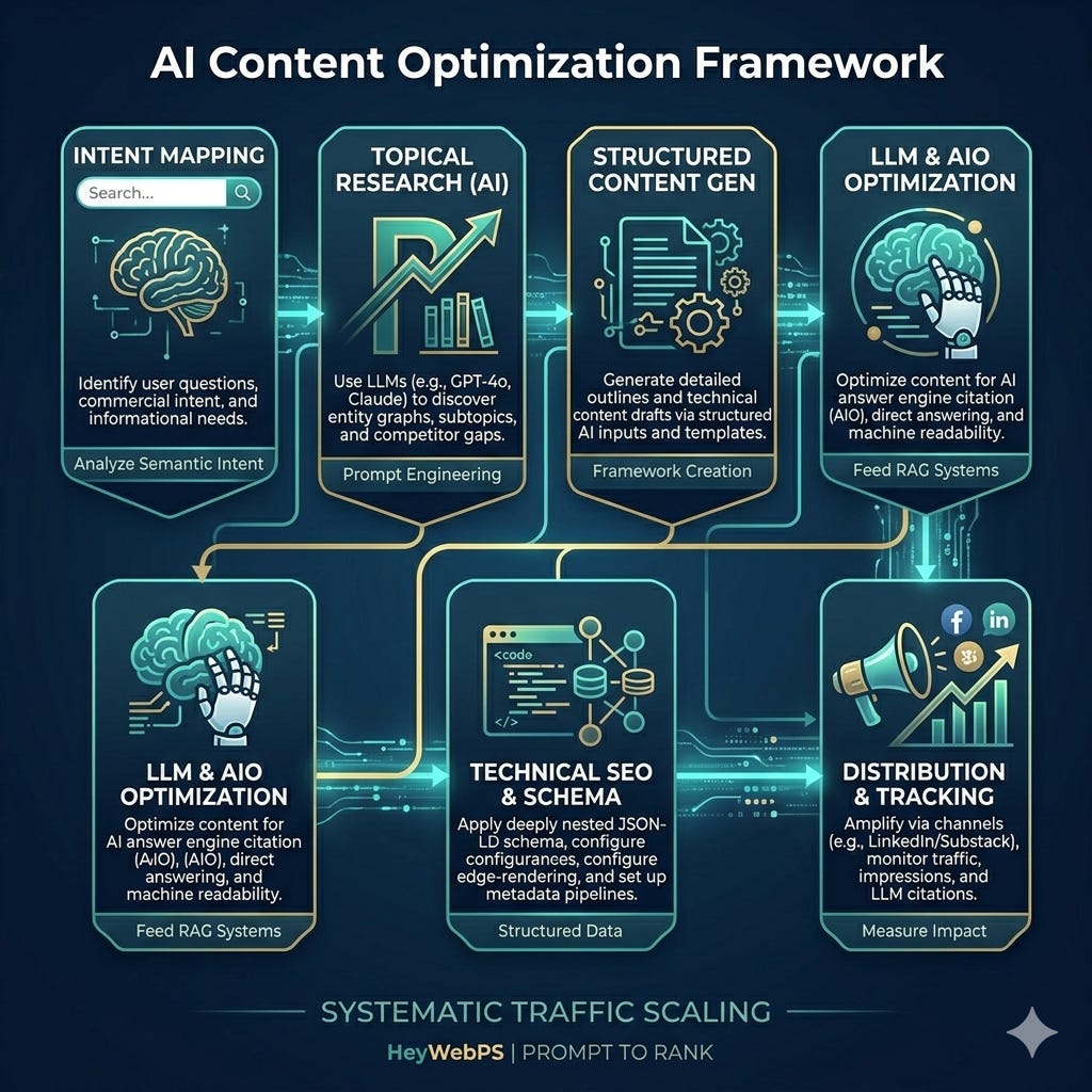 Diagram showing six-step AI-driven content optimization framework from intent mapping to distribution Diagram showing six-step AI-driven content optimization framework from intent mapping to distribution
