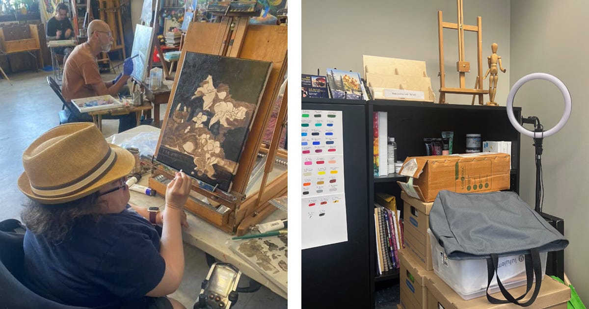 Left: Athena seated in her wheelchair working at an easel on her oil painting with other students at Atelier Artista. Right: Stack of boxes piled next to the supply cabinet at the studio.