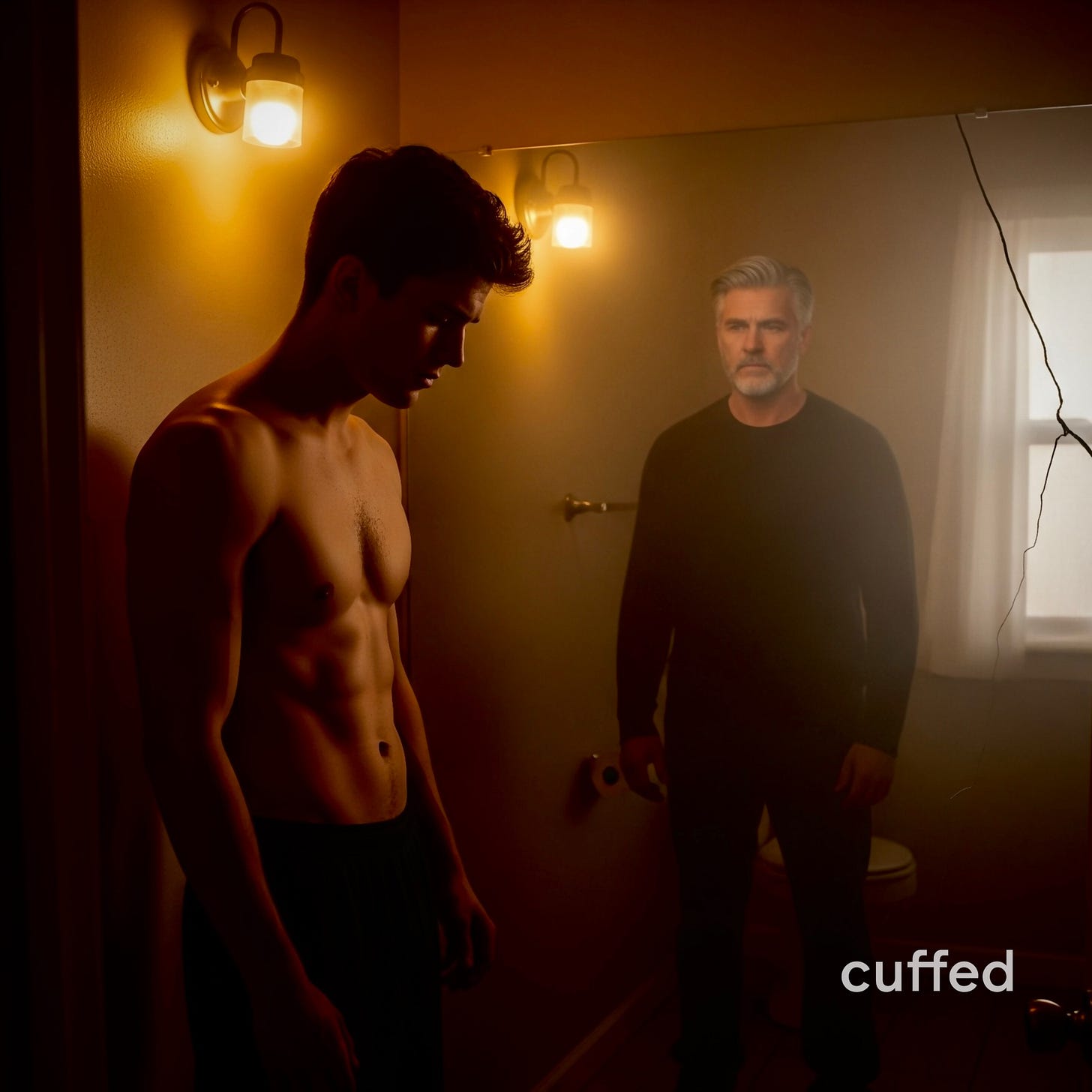 A shirtless young man stares downward in emotional distress under moody bathroom lighting, while the cracked mirror reflects an older version of himself in dark clothing—confronting the silent pain men carry alone. Symbolic visual for cuffed musing no. 3: a PSA to men about isolation, masculine shame, and unspoken emotional wounds. A shirtless young man stares downward in emotional distress under moody bathroom lighting, while the cracked mirror reflects an older version of himself in dark clothing—confronting the silent pain men carry alone. Symbolic visual for cuffed musing no. 3: a PSA to men about isolation, masculine shame, and unspoken emotional wounds.