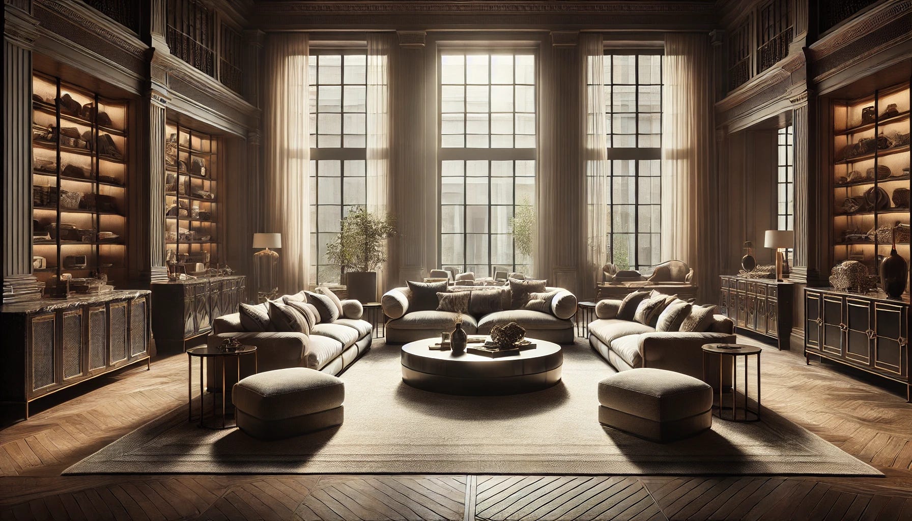 A cover image for an article about RH (formerly Restoration Hardware), capturing the theme of luxury mixed with financial caution. The image shows an elegant and high-end furniture showroom with sophisticated furniture in neutral tones, featuring large windows that allow soft natural light to create a warm but slightly somber atmosphere. The furniture includes oversized sofas, plush armchairs, and dark wood tables, set in a grand, spacious room with an air of both opulence and subtle uncertainty, hinting at financial challenges amidst luxury.