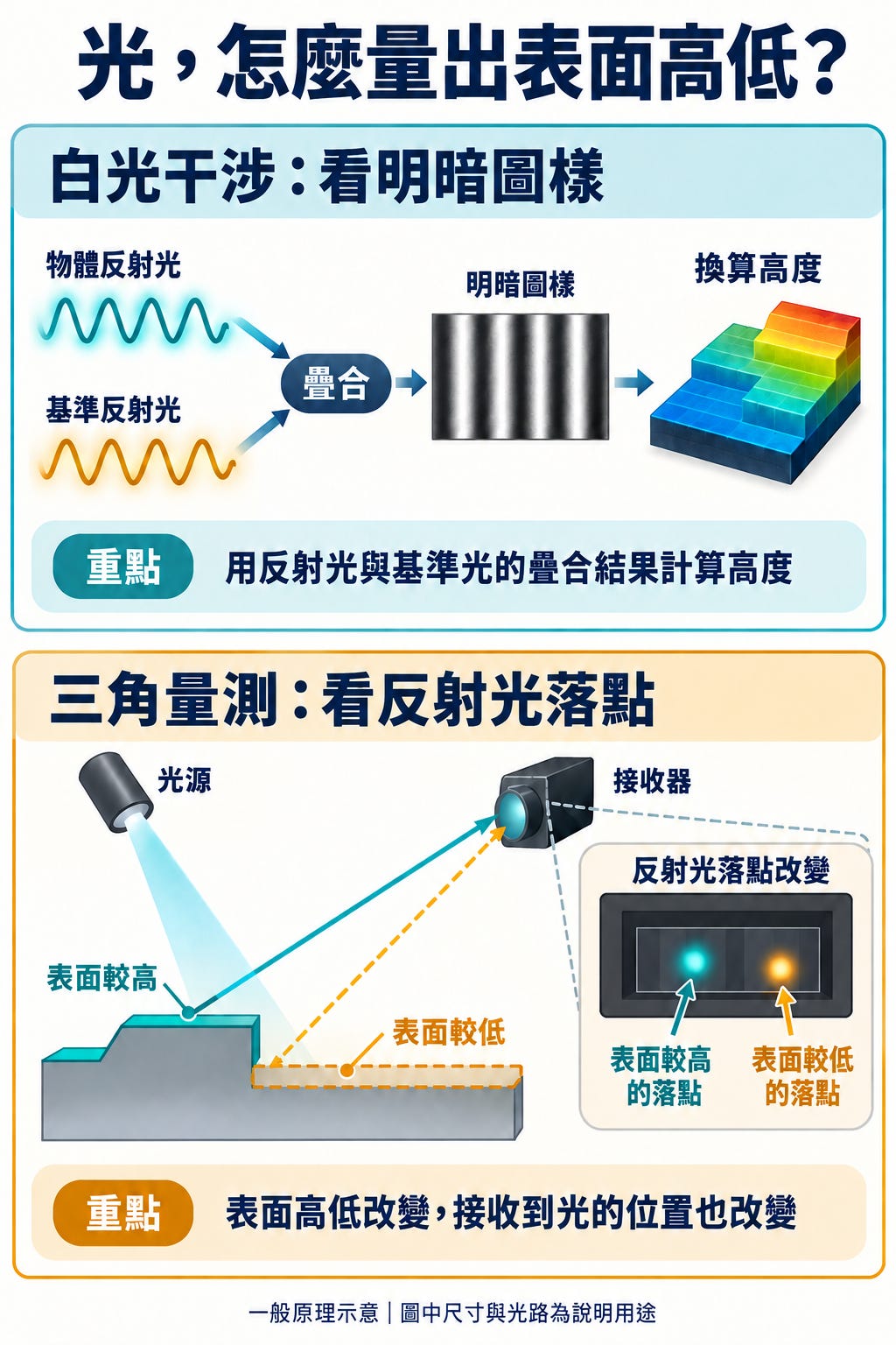 白光干涉與三角量測如何利用光量出高度的原理示意圖 白光干涉與三角量測如何利用光量出高度的原理示意圖