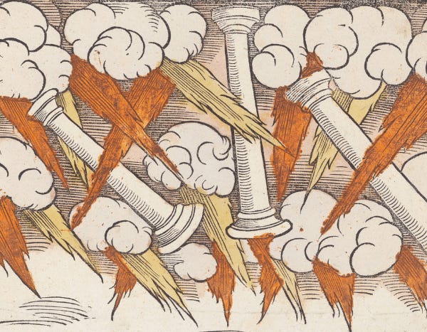 Printing of three floating Roman columns surrounded by clouds and orange and yellow thunderbolts