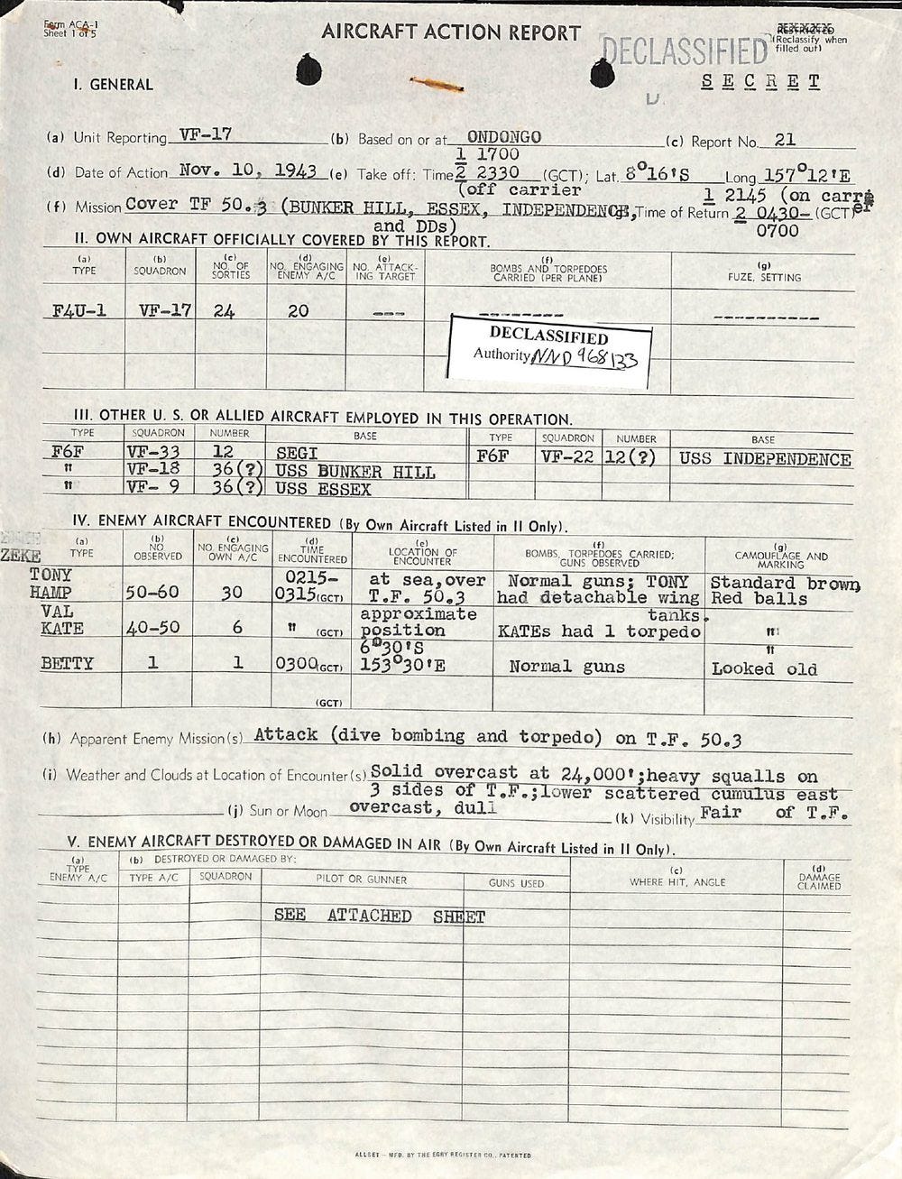 Sheet 1 of VF-17 Aircraft Action Report No. 21, showing Section I General and Sections II through V Sheet 1 of VF-17 Aircraft Action Report No. 21, showing Section I General and Sections II through V