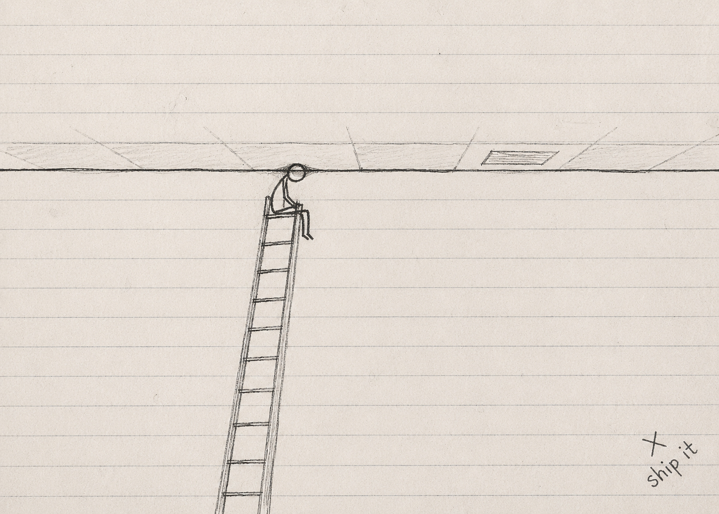 Stick figure sitting near the top of a ladder with head pressed against a low office ceiling, unable to climb higher.